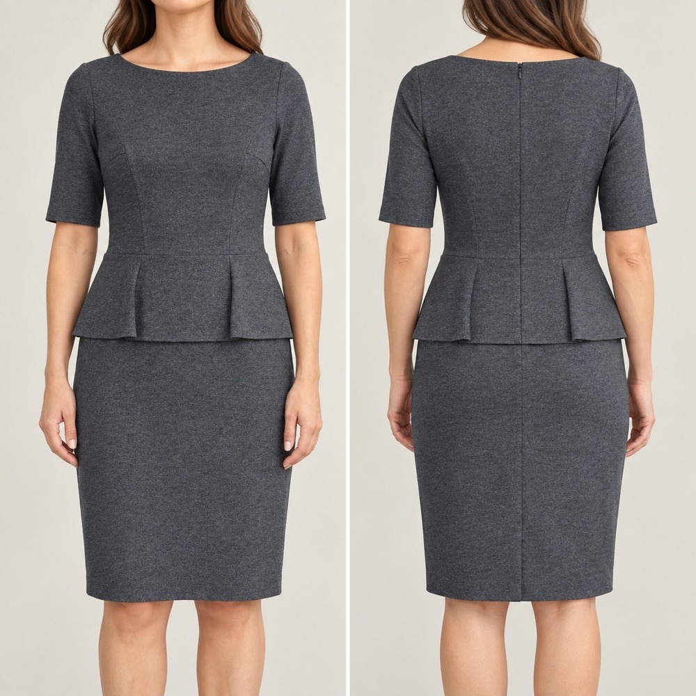 Lafayette 148 Sheath Gray Dress Peplum Short Sleeve Ponte SZ 8 Work Wear Career